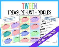 "Tween Treasure/Scavenger Hunt Riddles Download and print off these 13 Tween Treasure Hunt clues with Answer Sheet: Cut out the clues and place them around your house. Get your child to solve the riddles and find the hiding place. These might be a little tricky but worth the effort. Great for ages 10, 11, 12, 13, 14 Tweens will love these to use for Birthdays, Easter. sleepover or slumber party or if they just want to have a little fun with their friends. What about a birthday scavenger hunt and Treasure Hunt Riddles, Birthday Treasure Hunt, Birthday Scavenger Hunt, The Hiding Place, Scavenger Hunt Riddles, Treasure Hunt For Kids, Babysitting Crafts, Scavenger Hunt Birthday