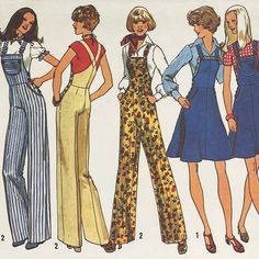 Free Shipping within the USA on Orders Totaling Over $35 Brand: Simplicity 7006 Size: 10 Bust Size: 32 1/2" Condition: Cut, complete and neatly folded Envelope condition: Good vintage condition with light shelf wear. Description: Pattern and instructions to make: ©1975; Misses' wide-leg overalls and short jumper pattern.  Short jumper V. 1 and wide-leg overalls V. 2 have side button closings, waistline seam, suspenders fastened to lined bib with "hook-up-closures" or suspender clips, side yoke and pockets, top-stitching trim and optional patch pocket buttoned to bib.  V. 1 jumper has optional embroidered eyelet edging. This is an original sewing pattern not a reproduction or a finished garment. Please check out my other patterns for a 32 1/2" bust. https://www.etsy.com/shop/VintageAnderbur 70s Overalls Outfit, Overalls 70s, Vintage 60s Fashion, 70s Overalls, Jumper Dress Pattern, Winter Sewing Patterns, 1979 Fashion, Jumper Pattern, Folded Envelope