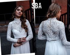 THIS LISTING OFFERS ONLY SEPARATE LACE TOP WITHOUT SKIRT. ORDER THIS TOP WITH AMAZING CHIFFON SKIRT AS ON MODEL YOU CAN HERE - https://www.etsy.com/StylishBrideAccs/listing/756939110/high-neck-lace-a-line-chiffon-dress-with New 2021 amazing bridal collection in boho style, most trendy and popular simple but so stylish dresses and separates. This dresses are simply perfection. Includes 2 pieces set: 2 - DANIELLA HIGH NECK LACE CROP TOP 3 SLEEVES Gentle handmade lace crop top with high neck. Amazi Wedding Crop Top, High Neck Lace Top, Blouse Plus Size, Wedding Dresses Corset, Wedding Topper, Bridal Blouse, Bride Accessories, Chiffon Skirt, Lace Crop Tops