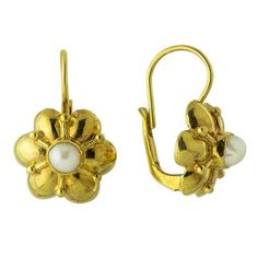 Cultured pearls in golden blossoms for brightening your day.  This Greek design is hand crafted of 24k gold over sterling silver, with European backs. Size: 7/8 Inch. Gold Pearl Earrings 22k As Gift, Gold Clip-on Flower Shaped Jewelry, Gold Round Flower Earrings For Formal Occasions, 22k Yellow Gold Pearl Drop Earrings, Classic Handmade Yellow Gold Pearl Earrings, Handmade Classic Yellow Gold Pearl Earrings, Gold Flower Shaped Pearl Drop Earrings, Gold Pearl Drop Earrings In 22k, Gold Flower-shaped Pearl Earrings As Gift