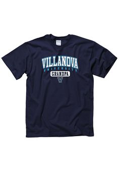 Show off your team pride in this Villanova Wildcats Navy Blue Grandpa Short Sleeve T Shirt! This Villanova Short Sleeve Tee features a Screen print of team name with team logo and "Grandpa" on front chest. Make sure everyone knows you root for the Wildcats with this Navy Blue Villanova T Shirt. Go Wildcats! Classic Fit, Tubular construction, Taped neck and shoulders, Quarter-turned to eliminate center crease, Unisex, Fit: True to Size, 100% Cotton Navy T-shirt With Logo Print, Navy Casual Top With Team Name, Navy Cotton Fan Apparel Tops, Blue Tops With Team Logo For Game Day, Collegiate Navy T-shirt With Letter Print, Navy Collegiate Style T-shirt With Letter Print, University Logo Cotton Tops For Sports Season, Cotton Tops With University Logo For Sports Season, Casual Navy T-shirt With Team Name