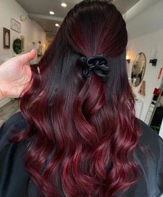 Red Cherry Highlights On Black Hair, Deep Red And Black Hair, Cherry Red And Brown Hair, Red Balayage Brown Hair, Cherry Red Highlights In Black Hair, Red Balayage Hair, Wine Hair Color, Dark Red Hair Color, Haircut 2023