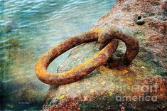 an old rusted metal chain on top of a rock near the water's edge