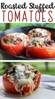 stuffed tomatoes in a skillet with melted cheese on top and an image of the inside