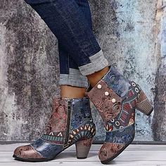 Women's Boots Plus Size Party Outdoor Office Booties Ankle Boots Winter Beading Chunky Heel Round Toe Vintage Walking Shoes PU Leather Zipper Floral Geometric Brown Rainbow 2023 - AU $71.49 Thick Heel Boots, Vintage High Heels, Cheap Ankle Boots, Rough Heels, Casual High Heels, Short Leather Boots, Winter Chic, Winter Ankle Boots, Evening Sandals