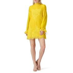 Yellow lace (100% Polyester). Shift. Long sleeves. High neckline. Button closure on back of neck. Fully lined. 33" from shoulder to hemline. Imported. Lace Shift Dress, Yellow Lace, Rent The Runway, Closet Designs, Neon Yellow, High Neckline, Yellow Dress, Shift Dress, Day Dresses