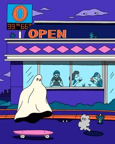 an animated image of a ghost riding a skateboard in front of a storefront