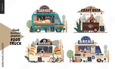 four different types of food trucks with the words coffee, fast food and burgers