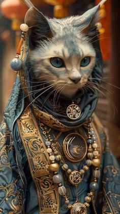 a cat dressed up in an elaborate costume and jewelry, looking at the camera with blue eyes