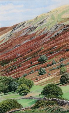 an image of a painting of trees and hills in the country side with grass on either side