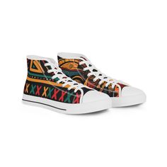 Elevate your shoe game with these African Men's High Top Sneakers by Kuvira. The fine weave texture fabric and foamed lining make them super soft and comfortable to wear. The metal eyelets and pleather round toe add durability and style. These sneakers feature breathable polyester canvas with PU leather decoration, EVA deodorant memory foam insoles, and a durable rubber outsole. Perfect for those who want to make a statement with their footwear, these sneakers are ideal for casual outings, street style, and everyday wear. Product features - 100% polyester canvas with foamed lining for comfort - Metal eyelets for shoe laces - Pleather round toe for durability - EVA deodorant memory foam insoles for support - Breathable polyester canvas with PU leather decoration Care instructions - To maint Cultural Fashion, Leather Decoration, Men's High Top Sneakers, Leather Decor, Mens High Tops, Print Sneakers, African Men, Shoe Game, Mens Shoes Sneakers