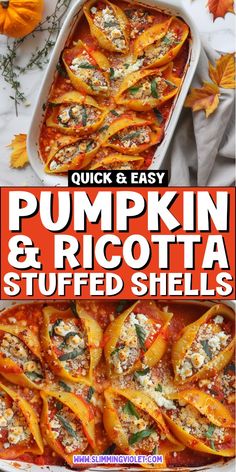 pumpkin and ricotta stuffed shells in a casserole dish with text overlay