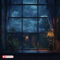 a window that has rain coming out of it and a lamp in front of it