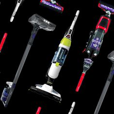 several different types of vacuums and mop attachments on a black background with red, white, and blue colors