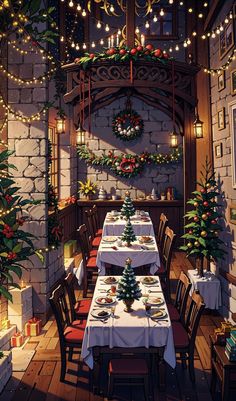 a dining room decorated for christmas with lights and garlands on the walls, tables covered in place settings