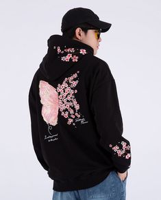 Cotton hoodie, rib knit crewneck/hem/cuffs, drawstring at hood, kangaroo pocket, text embroidered at front and back, beautifully embroidered butterfly at back and cherry blossoms throughout. Composition - 100% Cotton Sizing: Asian Size Size Up 1 Sizes For US/EU Oversized Fit Model: 180cm/65kg 5’11/143lbs wearing size 2 Cherry Blossom Butterfly, Cute Sakura, Butterfly Hoodie, Japanese Hoodie, Anime Streetwear, Embroidered Butterfly, Harajuku Streetwear, Japanese Streetwear, Embroidered Hoodie