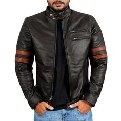 The Dark Brown Biker Leather Jacket with Stripes is a must-have for any fashion-forward biker. Made from real lambskin leather, this is not only stylish but also durable enough to withstand the elements while on the road. The jacket features a quilted polyester lining to keep you warm and comfortable. The zipper closure, zipper cuffs, and stand collar add an extra touch of style.

This jacket also features a chest and two waist pockets for storing your essentials while on the road. The jacket is available in 4 different colors: black, maroon, brown, and tan.

The most striking feature is the stripes on both sleeves that give the jacket a sporty and edgy look. The stripes are a subtle, yet striking detail that makes this jacket stand out from the crowd. Whether you're hitting the open road Leather Biker Jacket With Padded Collar, Quilted Biker Leather Jacket For Fall, Cafe Racer Leather Jacket For Motorcycling In Fall, Leather Biker Jacket With Padded Collar For Biker Events, Winter Biker Leather Jacket With Padded Collar, Black Biker Jacket With Padded Collar, Winter Leather Jacket With Padded Collar For Biker Events, Leather Motorcycle Outerwear With Zipper Closure, Leather Motorcycle Jacket With Zipper Closure