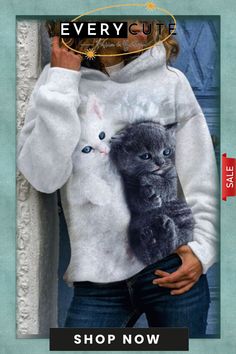 Fashion Cat Print Hooded Long-sleeve Sweatshirt Casual Winter Tops With Cat Print, Casual Long Sleeve Tops With Cat Design, White Winter Top With Cat Design, Winter Long Sleeve Tops With Cat Print, Long Sleeve Cat Print Top For Winter, Long Sleeve Tops With Cat Print For Winter, White Cat Design Top For Winter, Winter Hoodie With Cat Design And Crew Neck, White Cat Print Top For Winter