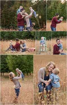 a collage of photos shows a woman holding a baby and two boys in a field