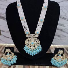 Gold Rodium Polish Blue color Necklace in Metal Alloy studded with CZ Diamond, Kundan, Pearl Bridal Jewelry Necklace, Color Necklace, Bollywood Jewelry, Metal Necklace, Bridal Jewellery Indian, Kundan Necklaces, Kundan Jewellery, Diamond Gold, Blue Necklace