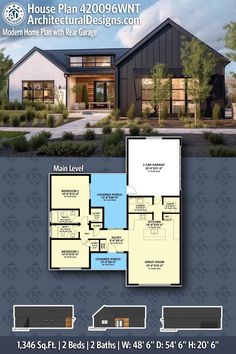 the floor plan for this modern home is shown in blue and white, with an attached garage