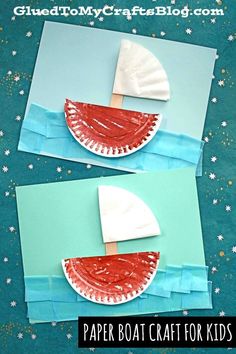 paper boat craft for kids to make on the watermelon background with text overlay