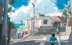 two children are crossing the street in front of some houses and buildings with kites flying above them