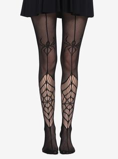 Spiderweb Fishnet Outfit, Spider Tights Outfit, Cool Fishnets, Spider Fishnets, Halloween Fishnet Thigh High Bottoms, Black Gothic Fishnet Hosiery, Gothic Black Fishnet Hosiery, Halloween Black Stretch Stockings, Halloween Stretch Black Stockings