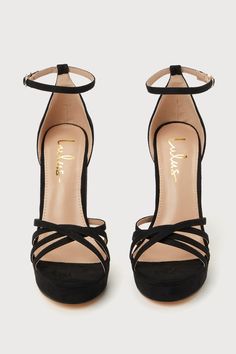 No matter the occasion, your look will always be stunning when you have the Lulus Yannie Black Suede Strappy Platform High Heel Sandals! Soft faux suede shapes an almond-shaped toe bed (atop a 1"" toe platform) and a strappy, crisscrossing vamp. A sturdy heel cup supports a slender ankle strap that is secure with a silver buckle. An eye-catching block heel completes the sensational look! 5" wrapped block heel. Lightly cushioned insole. Felted rubber sole has nonskid markings. Man made materials. Strappy Platform Heels, Sandals Strappy, Lulu Fashion, Almond Shaped, Size 11 Heels, Sandal Heels, Platform High Heels, Heel Sandal, Heel Sandals