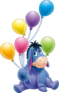 a cartoon donkey with balloons floating in the air