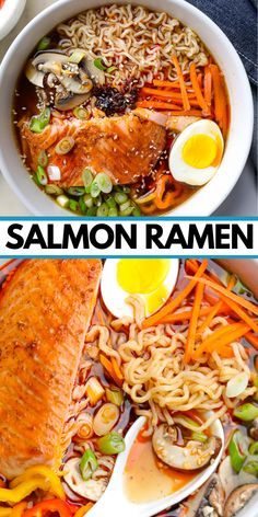 salmon ramen with noodles, carrots and mushrooms in a white bowl next to an egg on top