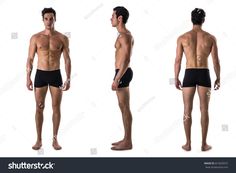 Three views of muscular shirtless male bodybuilder: back, front and profile shot, isolated on white background Back View Body Reference, Male Front View Reference, Side Profile Full Body Reference, Bodybuilder Back, Male Model Body, Full Body Reference, Mode Poses, 남성 근육, Male Pose