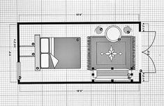 a drawing of a bedroom with a bed and desk