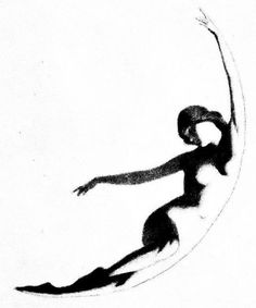 black and white drawing of a woman on a surfboard in the air with her arms outstretched