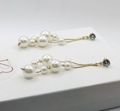 Dual Strand Pearl Earrings, S925 Silver Post Floating Pearl Earrings, 14K Gold Plated Bridal Dangle Ear Studs - KaleaBoutique.com White Pearl Chain Earrings For Evening, Formal Pearl White Bridal Earrings With Pearl Chain, White Dangle Earrings With Pearl Chain, White Dangle Bridal Earrings With Pearl Charm, White Long Drop Pearl Earrings For Formal Occasions, Formal Long Drop Pearl Chain Bridal Earrings, White Dangle Pearl Chain Earrings, Elegant Pearl Earrings With Dangling Beads For Gift, Pearl White Pearl Chain Earrings For Anniversary