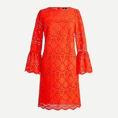 womens Bell-sleeve dress in embroidered eyelet J Crew Outfits, Sunset Red, Bell Sleeve Shift Dress, Eyelet Fabric, J Crew Dress, Scalloped Trim, Work Wear Women, Eyelet Dress, Printed Shift Dress