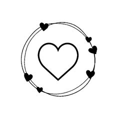 a black and white drawing of a heart in a circle with small hearts around it