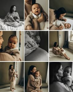 a collage of photos with babys and moms in different poses, from newborn to adult