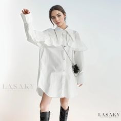 Lasaky - Loose-Fit Irregular Long Sleeve Dress with Ruffled Hem Shirt Dress White Ruffled Shirt Dress For Work, Spring Office Shirt Dress With Asymmetrical Hem, Elegant Long Sleeve Shirt Dress With Ruffles, Elegant Long Sleeve Ruffled Shirt Dress, Elegant Asymmetrical Summer Shirt Dress, Elegant Asymmetrical Shirt Dress For Summer, Elegant Asymmetrical Shirt Dress For Spring, Elegant Asymmetrical Shirt Dress For Daywear, Elegant White Shirt Dress With Asymmetrical Hem