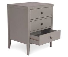 a grey nightstand with two drawers and one drawer open on the bottom shelf, in front of a white background