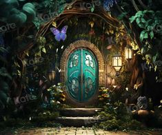 an image of a green door in the forest with butterflies flying over it and flowers all around