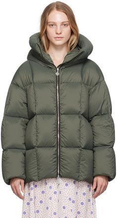 Down-filled quilted nylon satin jacket. Water- and wind-repellent. · Hood at funnel neck · Two-way zip closure · Welt pockets · Elasticized cuffs · Fully lined · Logo-engraved silver-tone hardware Supplier color: Soft khaki Fill: 95% white goose down, 5% feathers. Winter Green Outerwear With Zip Cuffs, Seersucker Jacket, Quilt Coat, Satin Jumpsuit, White Goose, Satin Jacket, Hooded Vest, Satin Jackets, Wool Blend Coat