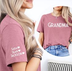 Grandma Tee with personalized names on sleeve of kids or grandkids.   Grandma's will love this trendy t shirt showing the names of their grandkids on the sleeve!   Shown on a Heather Mauve T shirt with white ink PLEASE NOTE, I DO NOT HAVE CONTROL OVER THE PACKAGES ONCE THEY LEAVE MY SHOP. ALL SHIPPING IS WITH THE UNITED STATES POSTAL SERVICE FIRST CLASS MAIL UNLESS AN UPGRADE IS PURCHASED, THEN IT IS PRIORITY MAIL. USPS HAS FULL CONTROL OF DELIVERY ONCE IT LEAVES ME!   If you need a rush order, Family Crew Neck Tops With Name Print, Customizable Short Sleeve Shirt For Mother's Day, Personalized Crew Neck Tops For Family Matching, Customizable Crew Neck Shirt For Mother's Day, Personalized Pink Short Sleeve Tops, Casual Personalized Short Sleeve Shirt, Casual Personalized Pink Tops, Personalized Casual Short Sleeve Tops, Casual Personalized Short Sleeve Tops