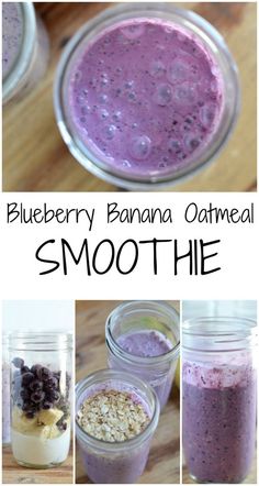 blueberry banana oatmeal smoothie in mason jars with text overlay