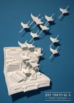 a group of white birds flying over a laptop computer case on a blue background with the words, the nishinna - a james sculpture