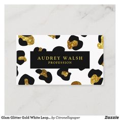 black and gold leopard print business card with the name of an artist, author or photographer