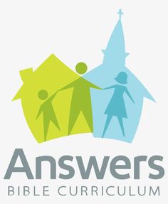 the answers bible logo with two people holding hands in front of a house and church