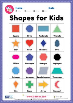 shapes for kids worksheet with the names and colors on it's page