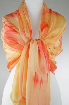 Yellow red gold large silk scarf, hand dyed pure silk scarf, women silk scarf, gift for her, handmade Ticik-art This scarf is a unique product, original and timeless which you can wear daily or at special occasions, very light and soft, a special gift for you. DETAILS:  - Dimension 180 x 90 cm (71 x 35,5 inches) - 100 % pure silk (ponge5) - Hand rolled edges SPECIAL PLUS: This scarf is sent in a present/gift box with a beautiful card including care advice. I can prepare special scarves in other Elegant Yellow Silk Shawl, Hand Dyed Silk Scarf For Summer, Elegant Handmade Silk Scarf For Summer, Red Silk Scarf For Wedding, Elegant Yellow Silk Scarf, Hand Dyed Silk Scarves For Summer, Hand-dyed Silk Scarves For Summer, Silk Orange Scarves As Gift, Silk Orange Scarves As A Gift