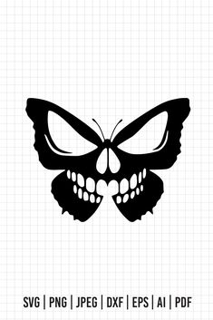 a black and white image of a butterfly with fangs on it's eyes, in the shape of a skull